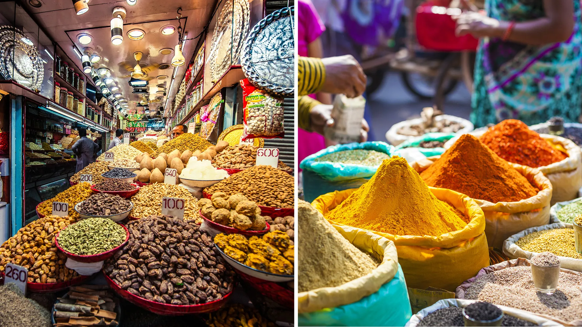 Heaps of colorful spices at Khari Baoli market