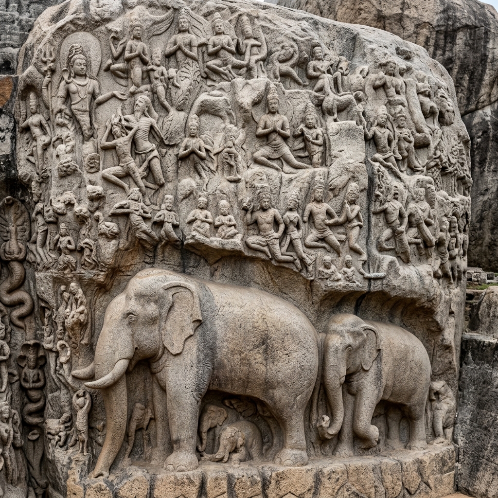 Detailed bas-relief stone carvings of elephants and gods