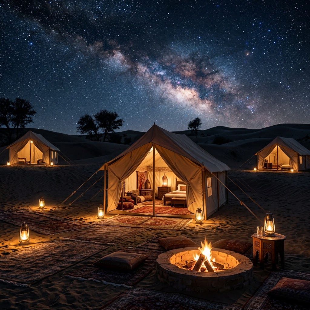 Luxury desert camp under starlit sky