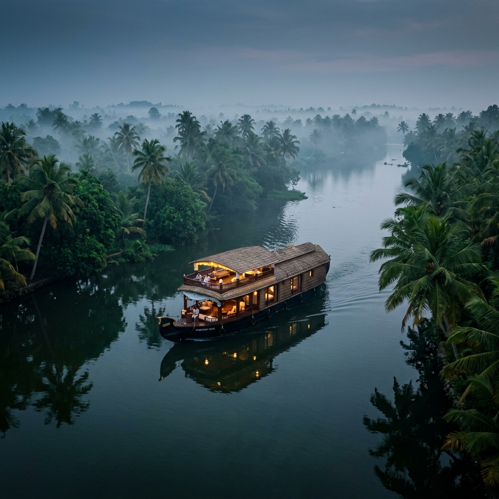Private houseboat in Kerala misty backwaters