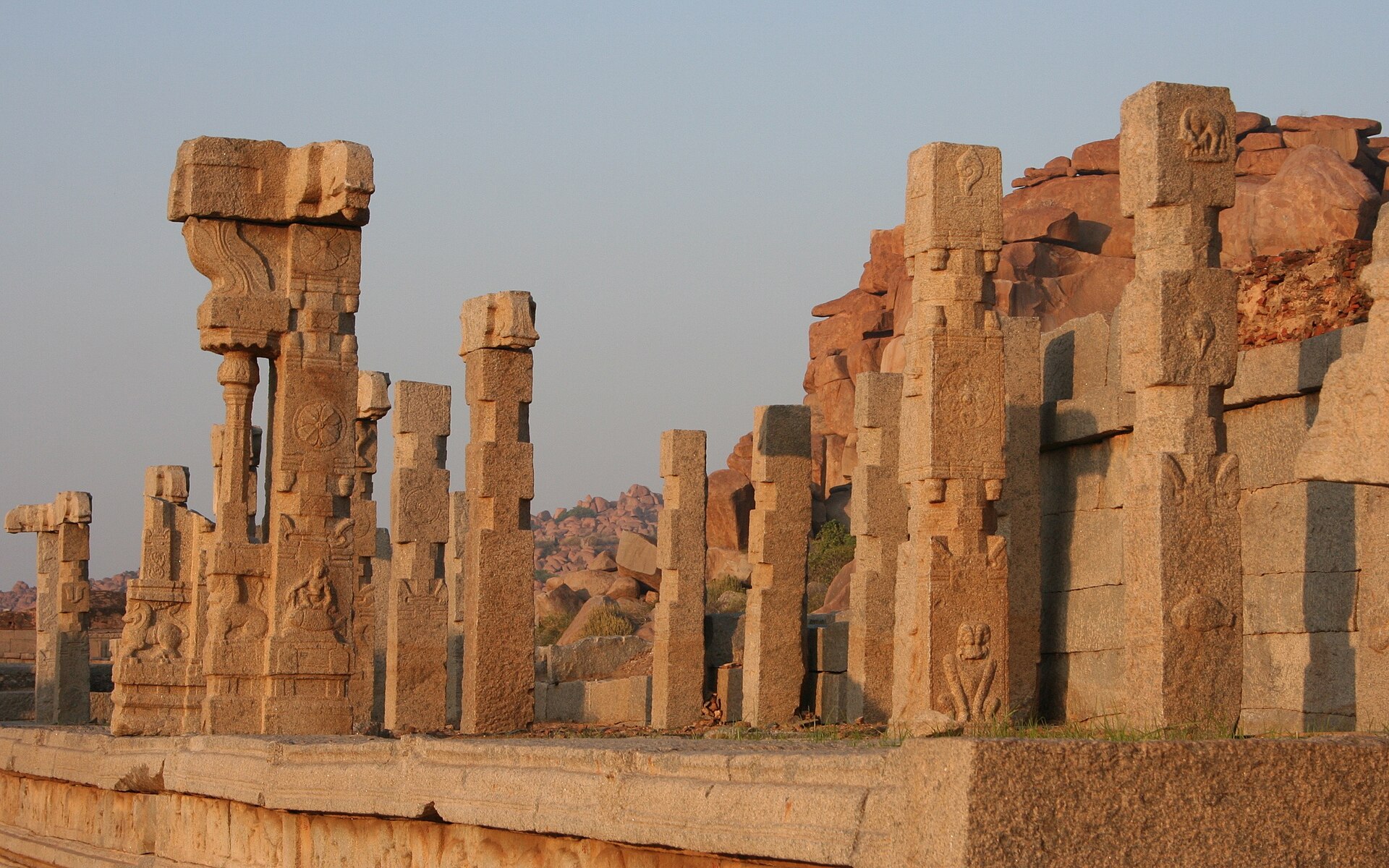Stone ruins of the Vijayanagara empire among boulders at Hampi, Karnataka
