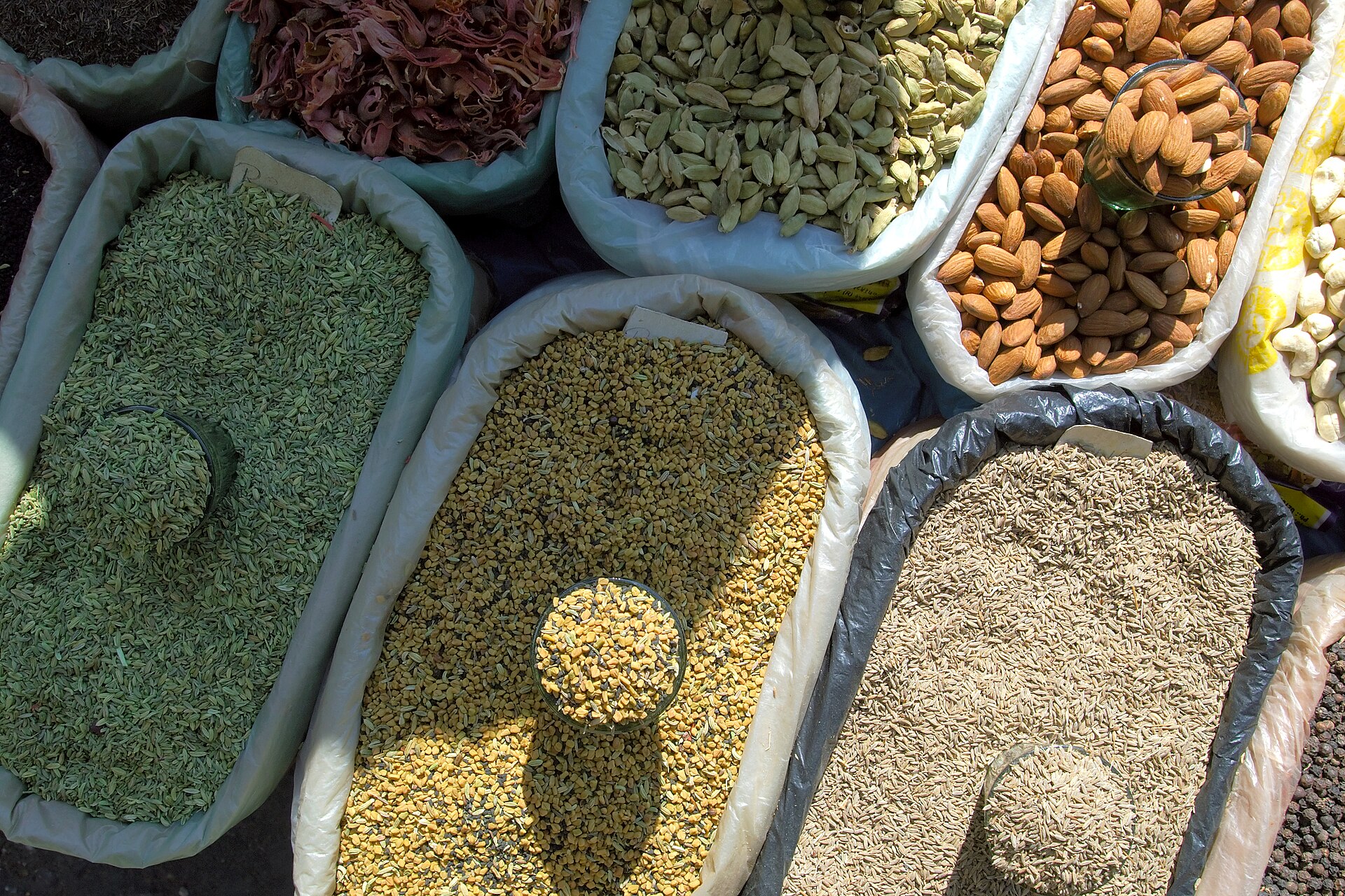 Sacks of Indian spices, seeds and nuts at a market