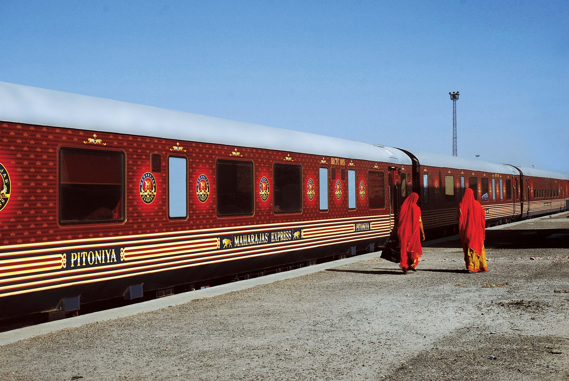 The Maharajas' Express luxury train at a Rajasthan platform