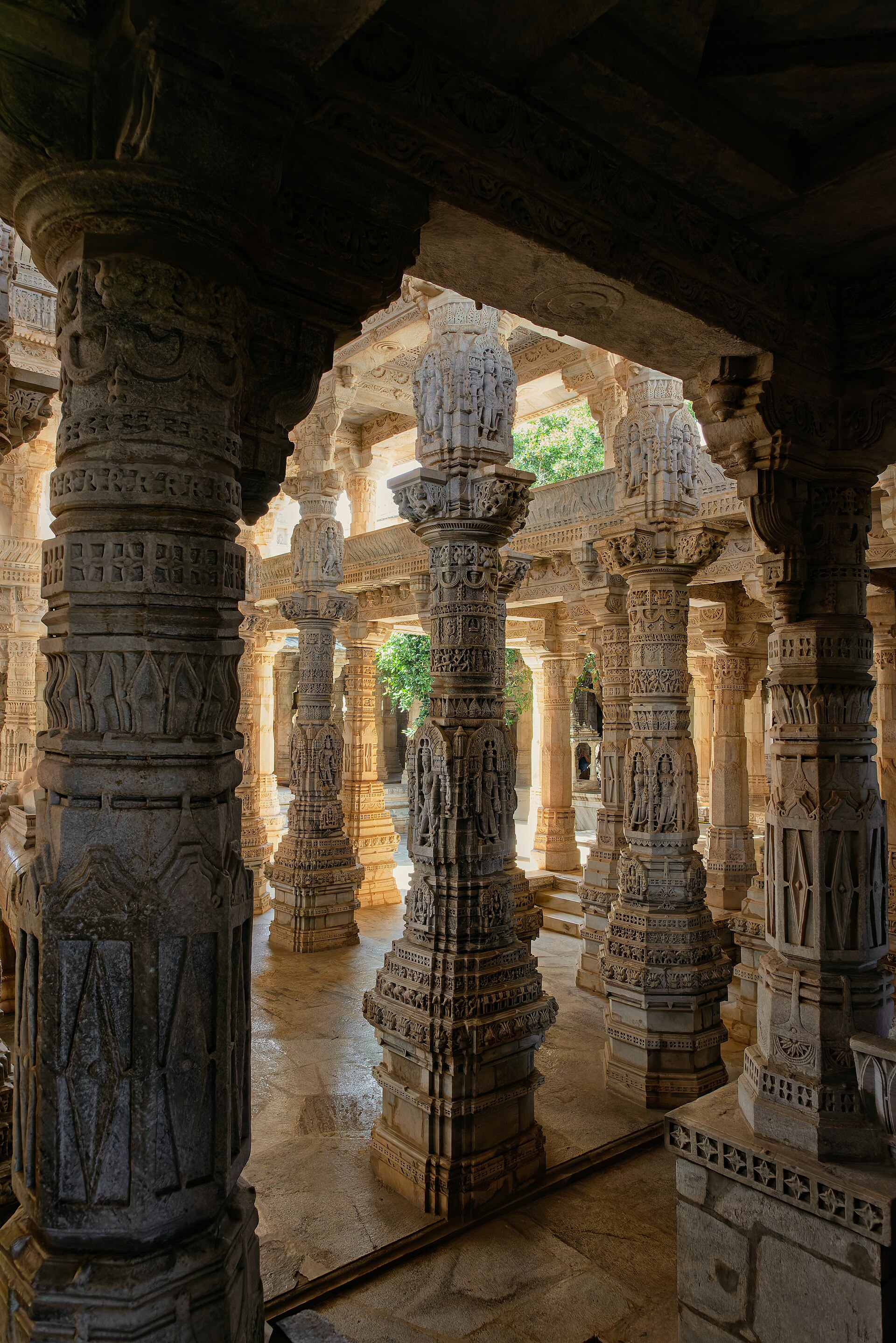 The carved marble pillared hall of the Ranakpur Jain Temple, Rajasthan
