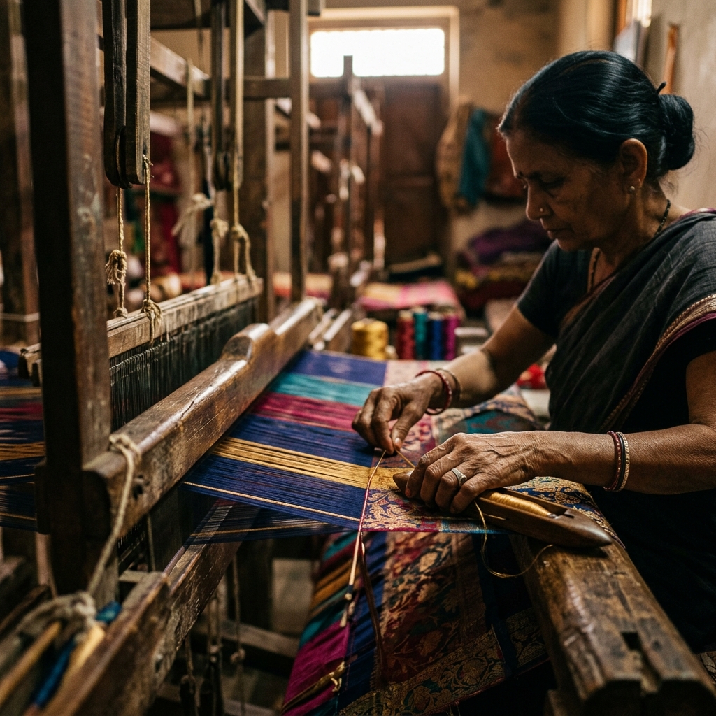 Artisan weaving silk in Varanasi