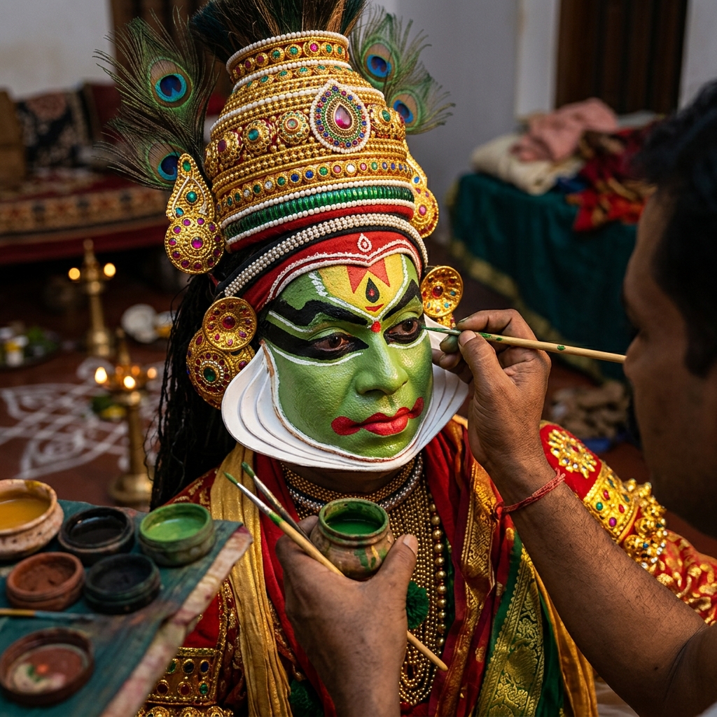 Traditional Kathakali dancer applying colorful face makeup