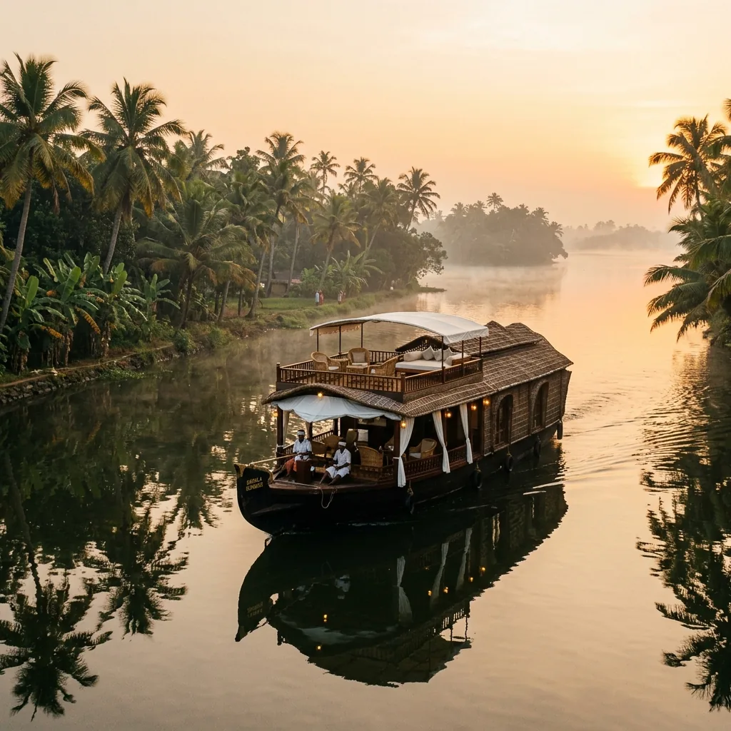 Lush green Kerala backwaters in the monsoon season