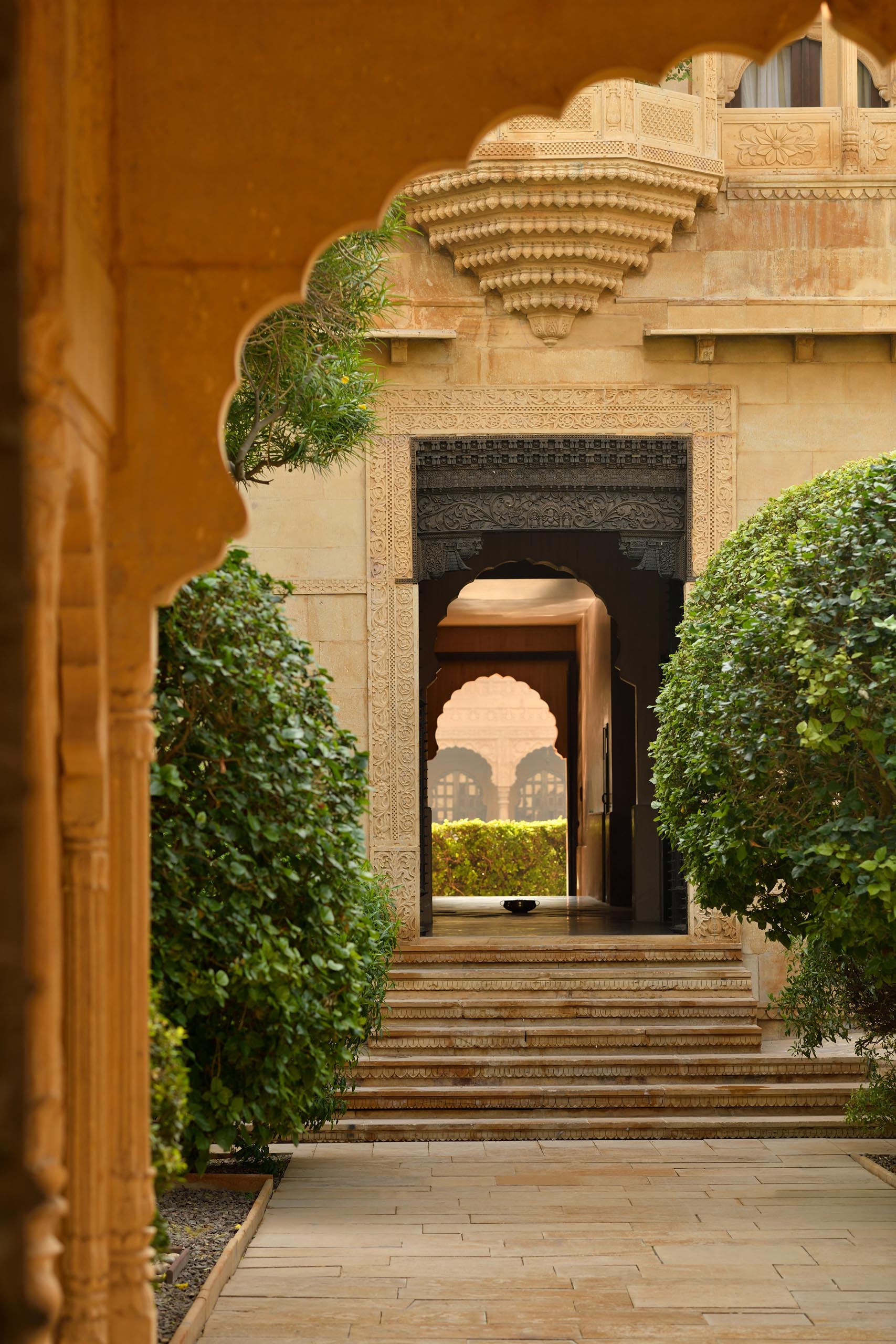 Carved sandstone courtyard at Suryagarh